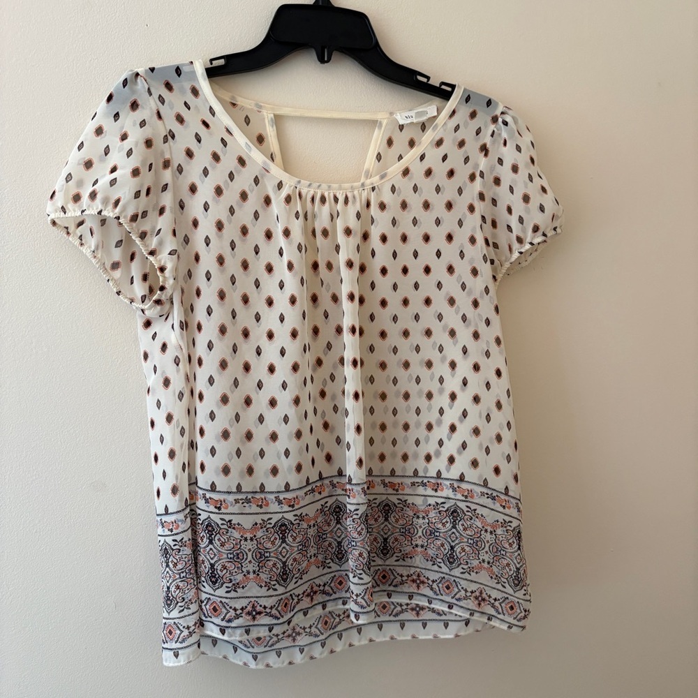 Blu Pepper Cream Boho Printed Blouse Medium Short Sleeve Peasant Top